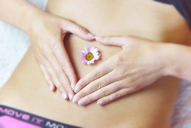Frauenbauch mit G&auml;nsebl&uuml;mchen im Bauch