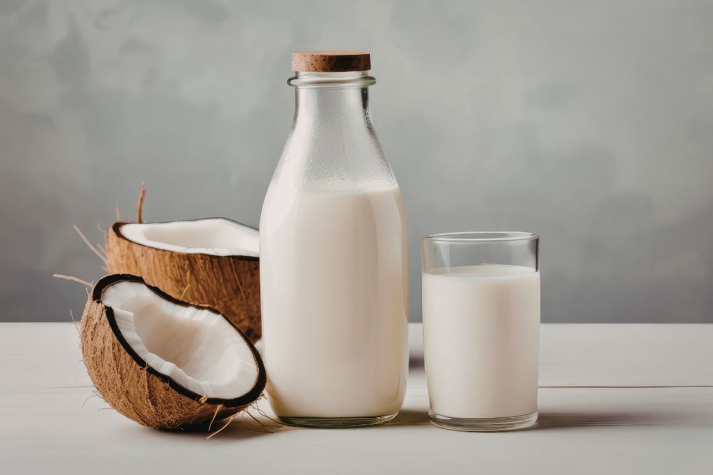 Eine Flasche und Glas mit Kokosmilch, daneben zwei Kokosnussh&auml;lften
