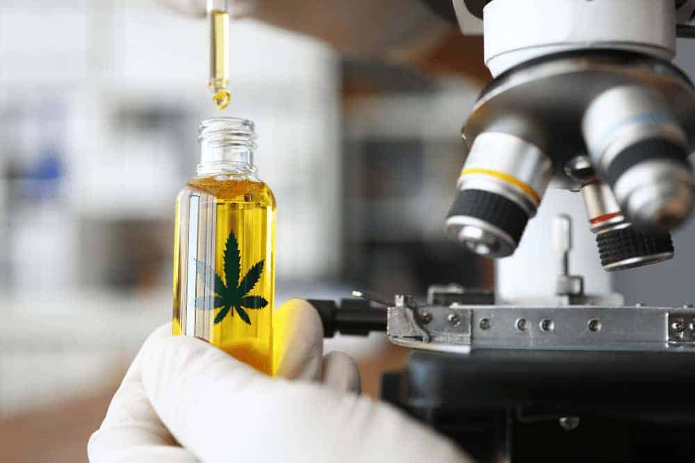 CBD-Öl vor einem Mikroskop