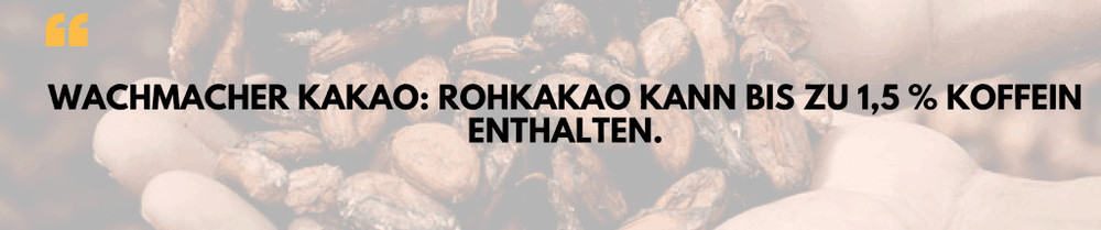 Zitat mit Kakaobohnen im Hintergrund: Wachmacher Kakao, er kann bis zu 1,5 % Koffein enthalten