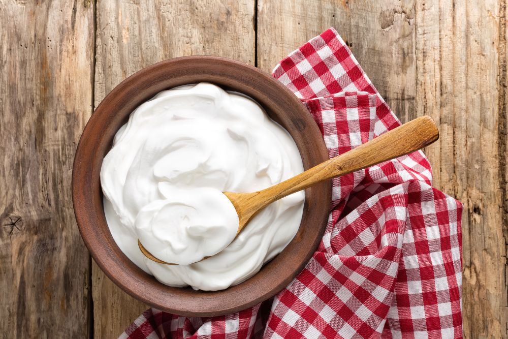 Eine Schale mit Joghurt und einem L&ouml;ffel auf einem karierten Tuch
