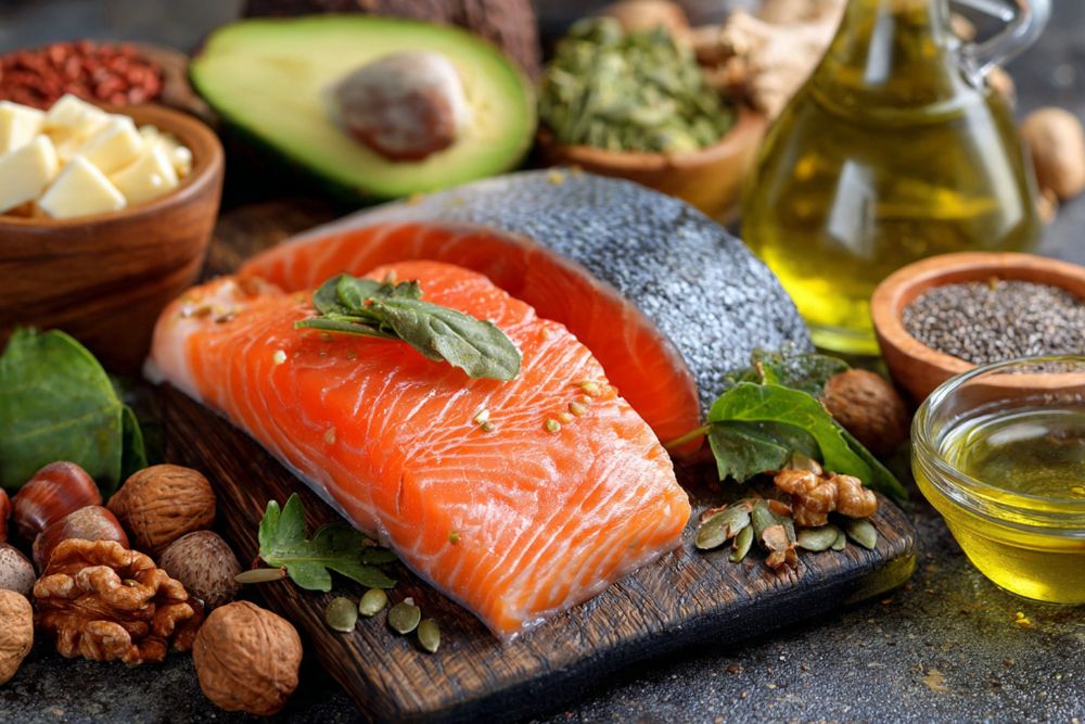 Verschiedene Fettquellen auf einem Tisch, unter anderem Lachs, Avocado, N&uuml;sse